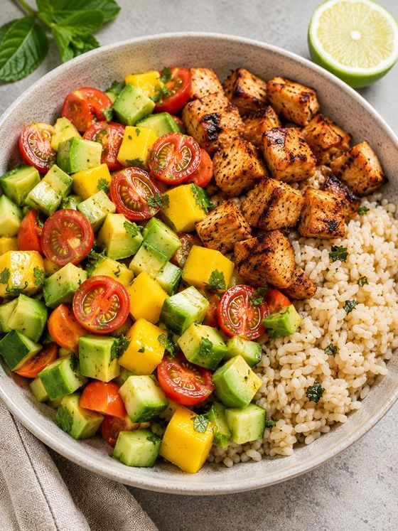 Zomerse mangosalade met kip en rijst